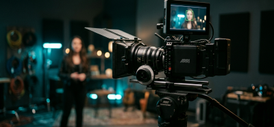 Stüdyoda tripod üzerinde sinema kamerası, monitöründe yüz takip kutusu görünüyor