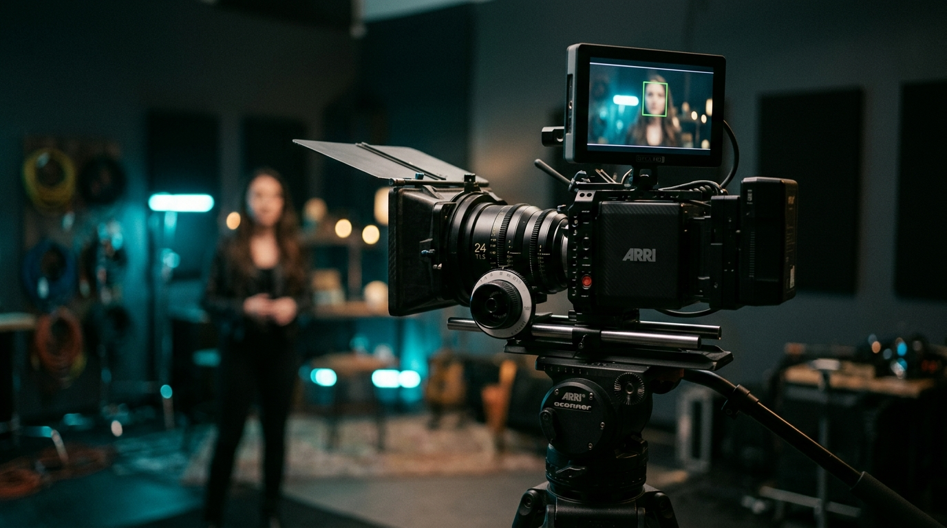 Stüdyoda tripod üzerinde sinema kamerası, monitöründe yüz takip kutusu görünüyor