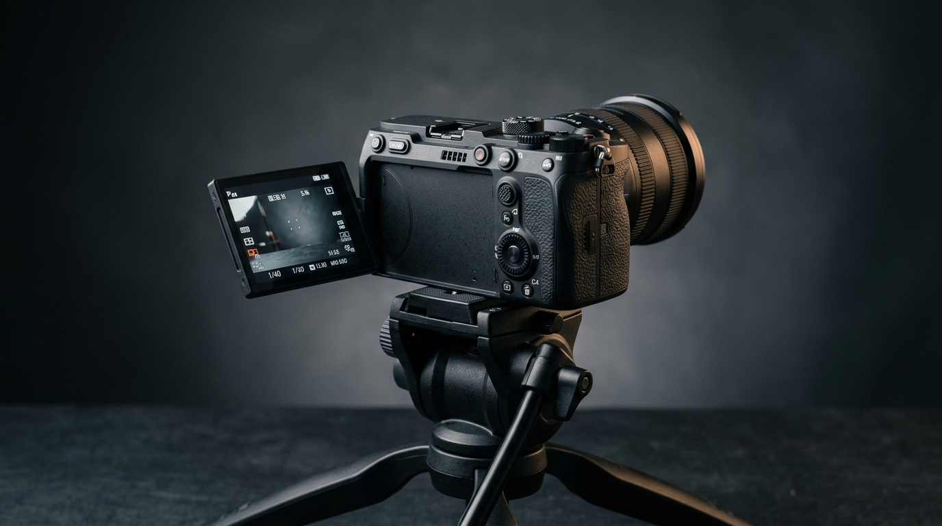 Vizörü olmayan, çevrilebilir ekranlı ve soğutma fanlı kompakt full-frame video kamera tripod üzerinde