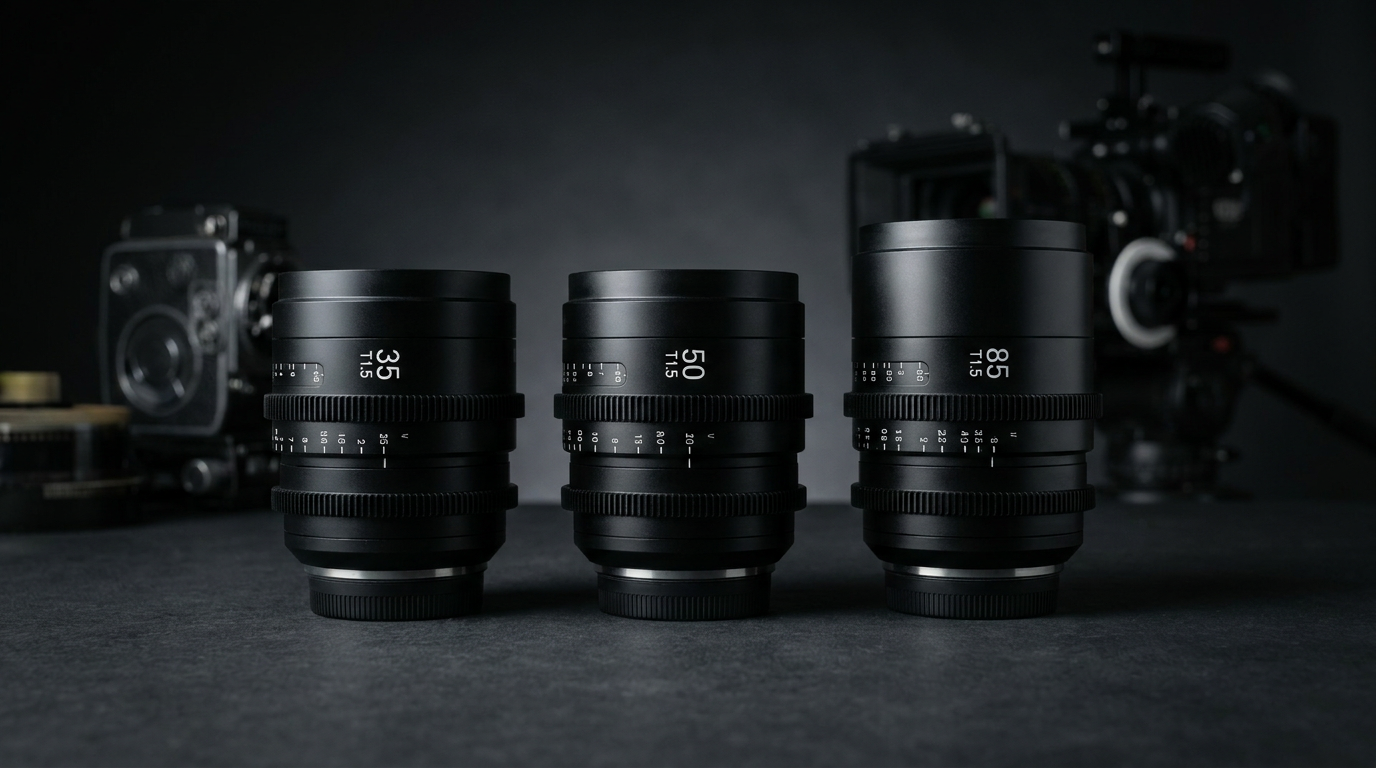 Yan yana dizilmiş üç full-frame cine prime lens, dişli odak ve diyafram halkalarıyla stüdyo ortamında