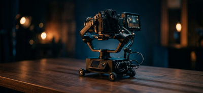 Masaüstünde gimbal taşıyan kompakt motorlu kamera dollysi