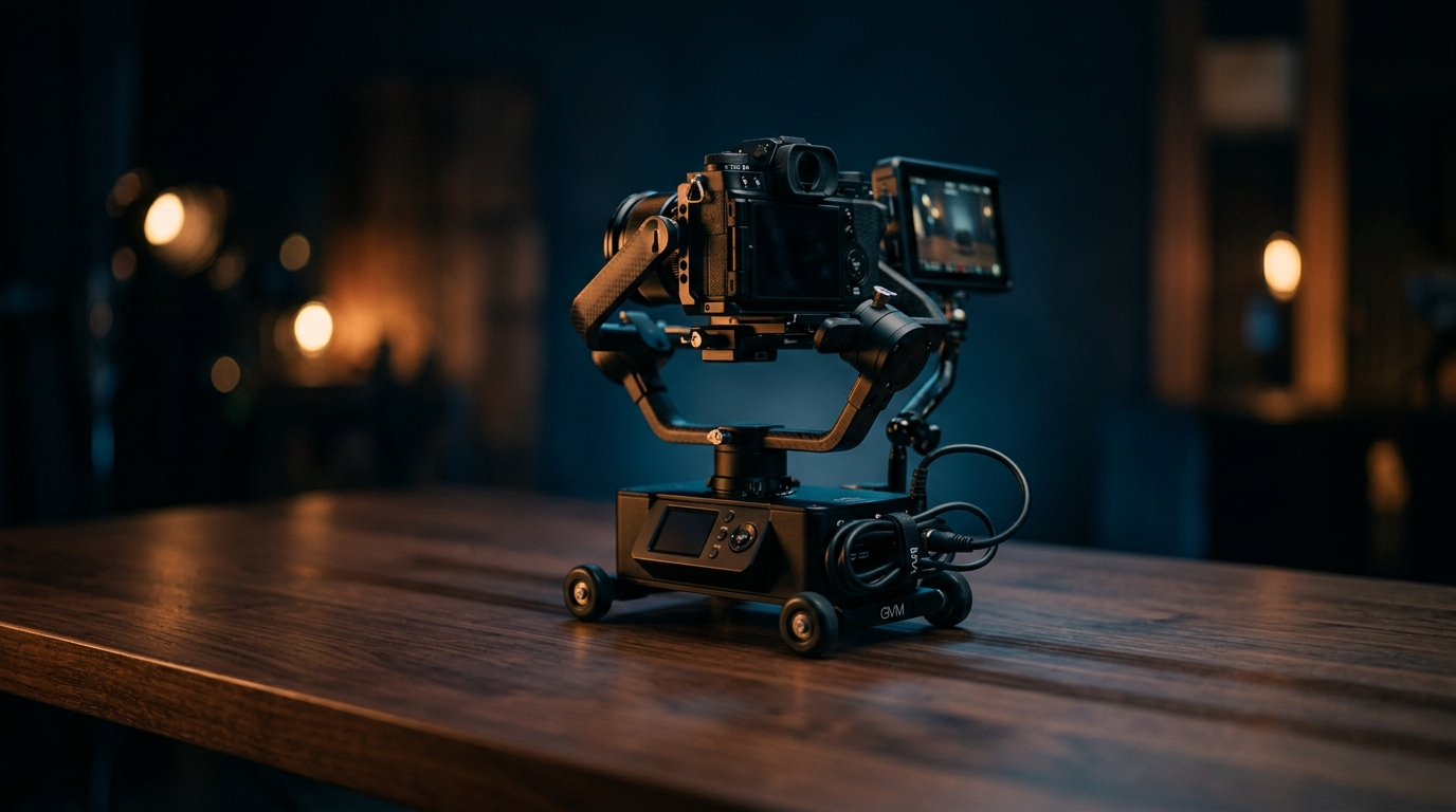 Masaüstünde gimbal taşıyan kompakt motorlu kamera dollysi