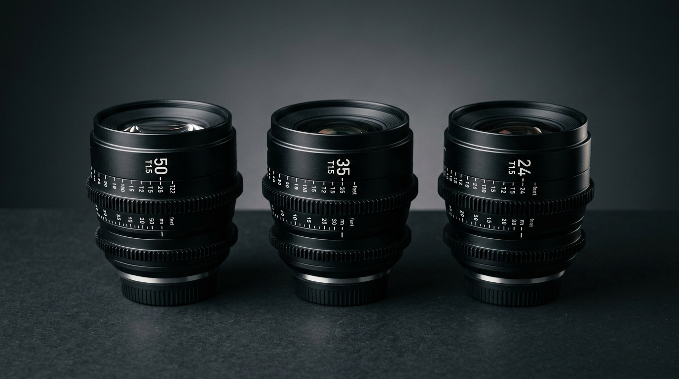 Dişli odak ve diyafram halkalı üç adet siyah cine prime lens stüdyo zemininde yan yana