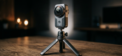 Çift balıkgözü lensli kompakt 360 derece kamera tripod üzerinde
