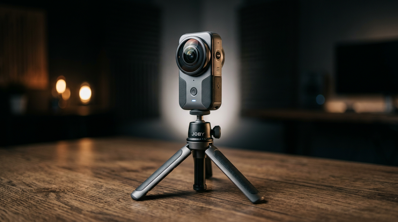 Çift balıkgözü lensli kompakt 360 derece kamera tripod üzerinde