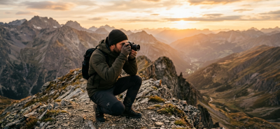 Geniş açı lensle çekilmiş dağ manzarası, altın saat ışığı