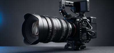 Sinema kamerası rig üzerine takılmış full-frame cine zoom objektif, dişli odak ve diyafram halkalarıyla