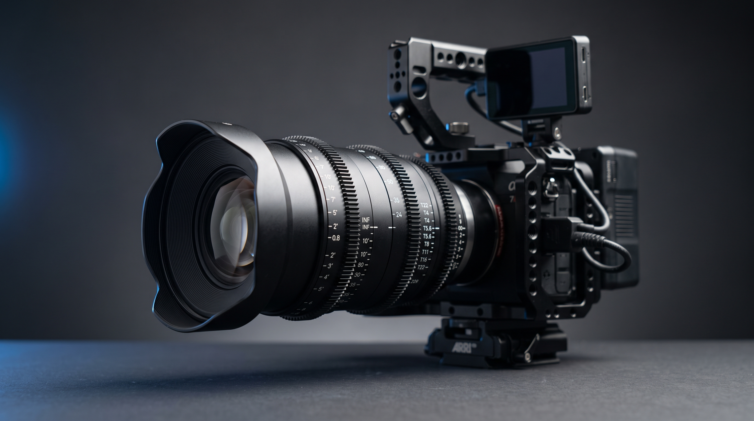Sinema kamerası rig üzerine takılmış full-frame cine zoom objektif, dişli odak ve diyafram halkalarıyla