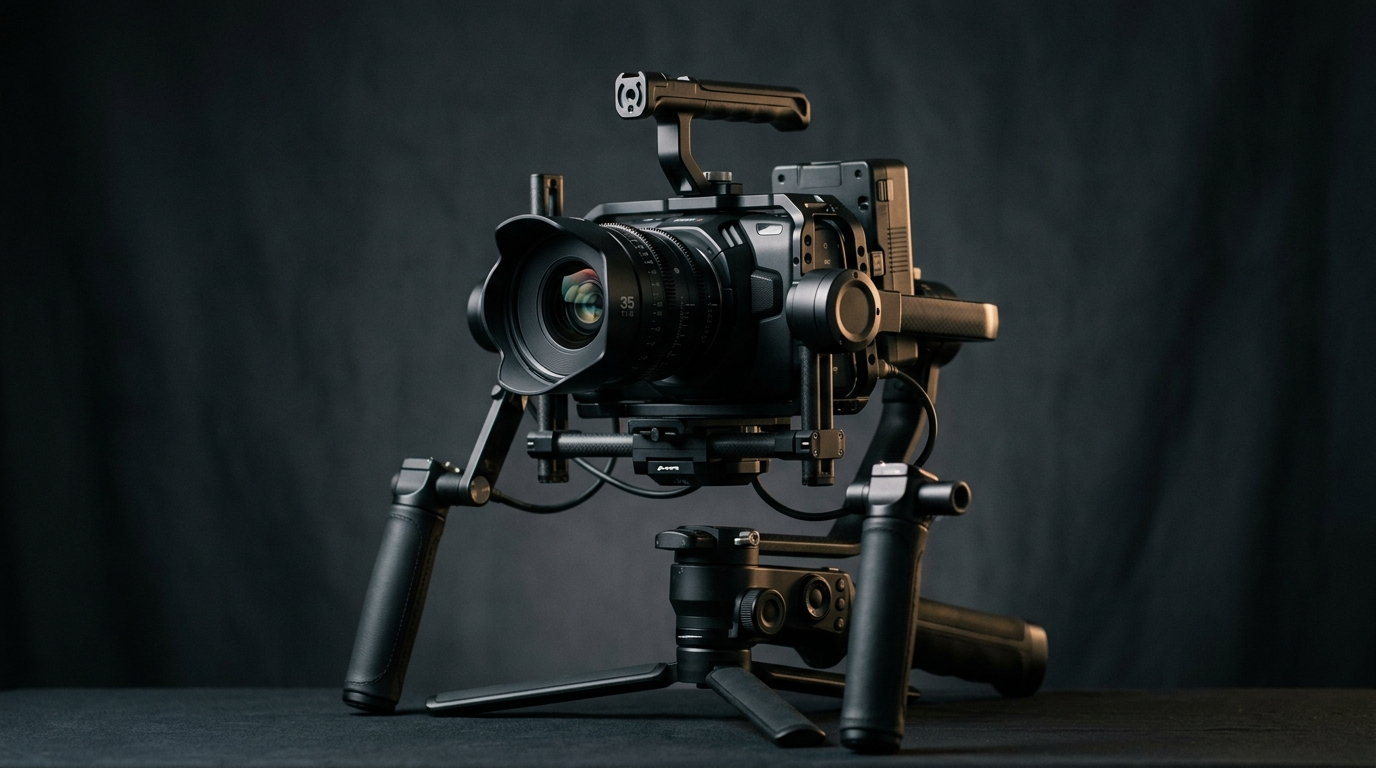 Gimbal üzerine monte edilmiş full-frame sinema kamerası gövdesi