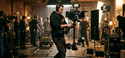 Yelek ve kol sistemiyle Steadicam kullanan operatör, sette hareketli çekim