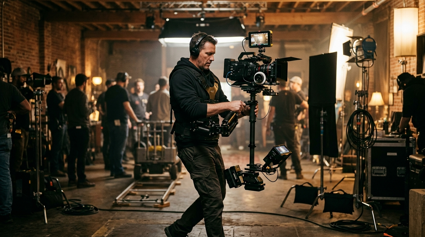 Yelek ve kol sistemiyle Steadicam kullanan operatör, sette hareketli çekim