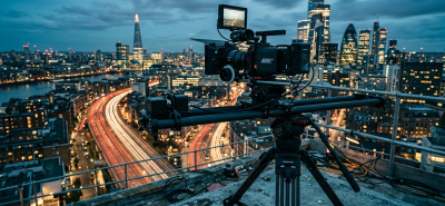 Şehir manzarasına bakan çatıda motorlu slider ve tripod üzerinde time-lapse çekimi yapan kamera
