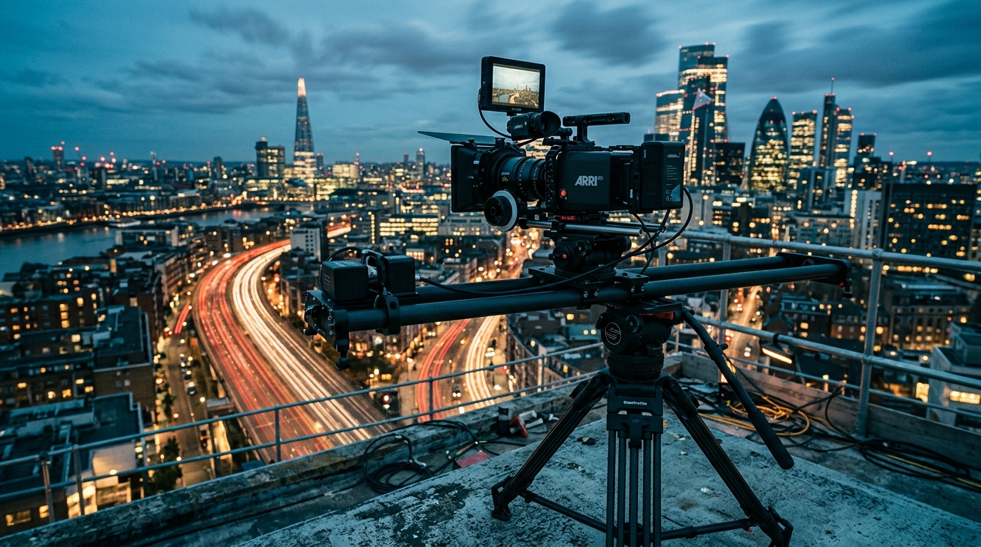Şehir manzarasına bakan çatıda motorlu slider ve tripod üzerinde time-lapse çekimi yapan kamera