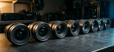 Kiralık kamera setinde sıralanmış PL bağlantılı full-frame sinema prime lensler